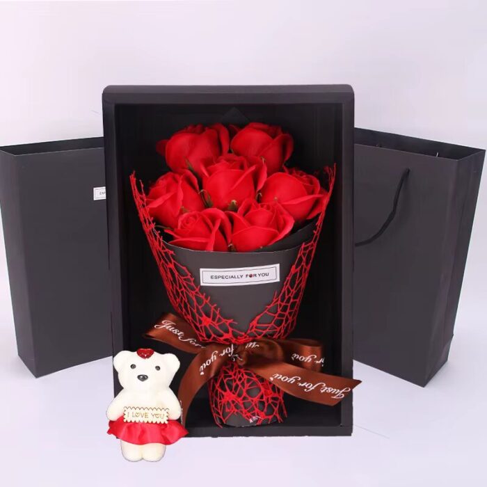 7-Head Artificial Rose Bouquet with Teddy Bear Gift Box - MenacGifts